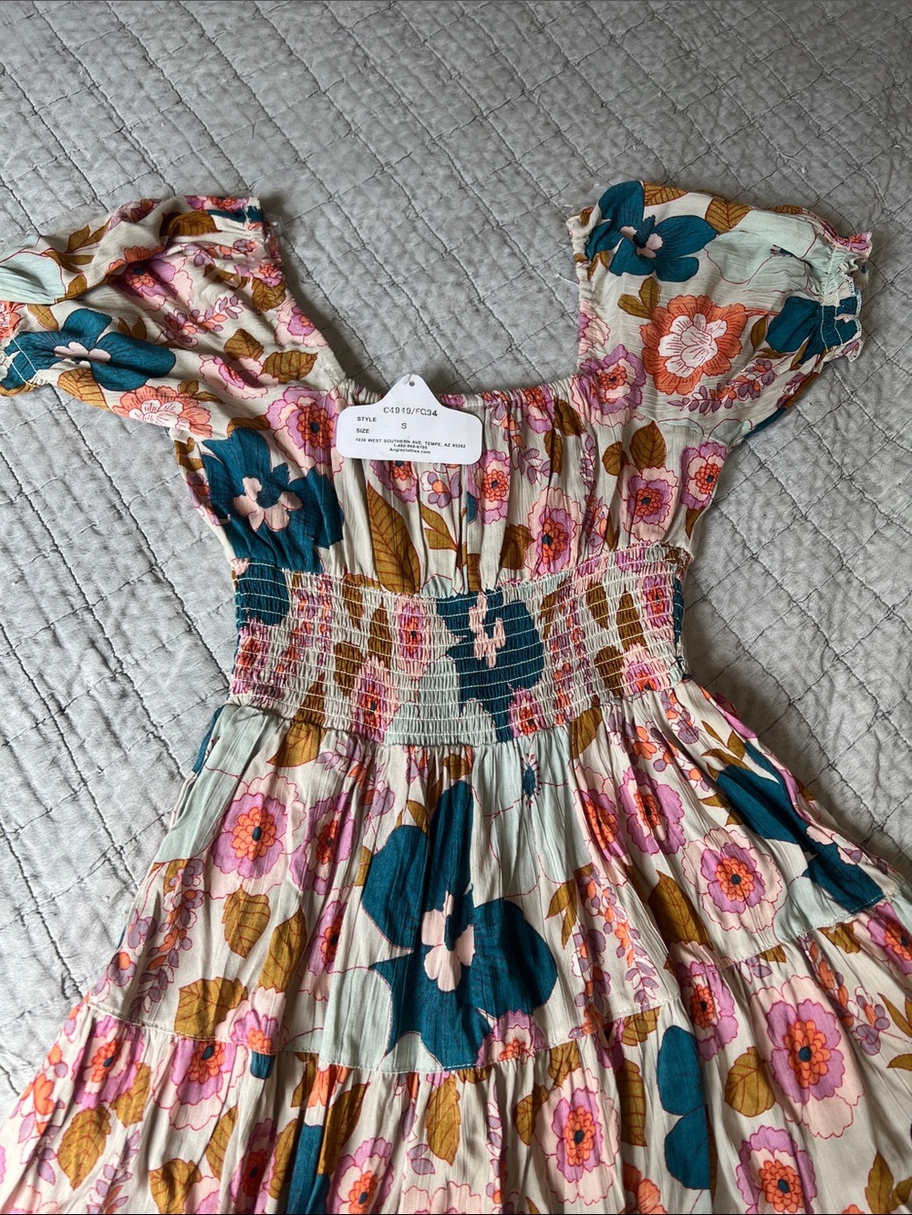 Angie Floral Puff-Sleeve Summer Dress in Teal, Pink & Mustard - Picture 3 of 3